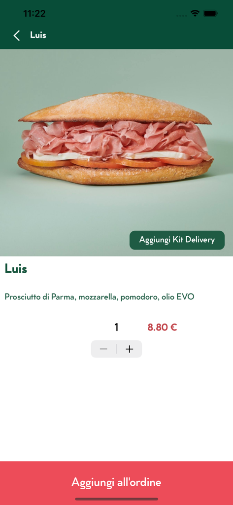 A mobile app screen showing the Luis sandwich with Prosciutto di Parma and mozzarella and an option to add to order