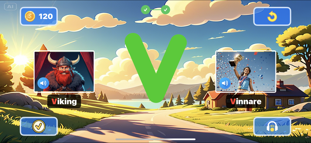 Swedish Letter Tracing - Interfaz de aplicación educativa que muestra la letra V con asociaciones de palabras suecas para Viking y Vinnare.