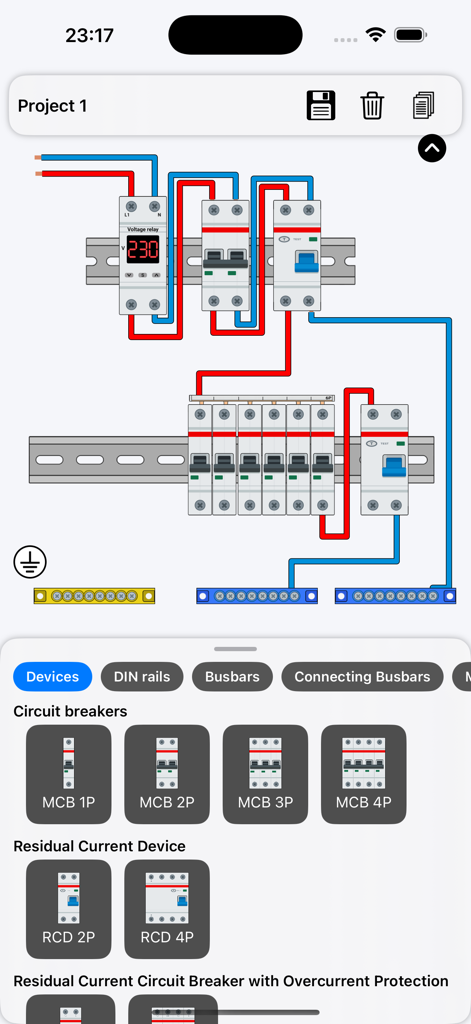 Electrical Panel Designer - An electrical panel layout with circuit breakers and color coded wiring