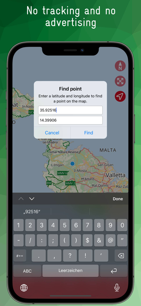 Interface de l'application carte hors ligne Malte et Gozo montrant une boîte de dialogue 'Trouver un point' pour entrer les coordonnées de latitude et de longitude.