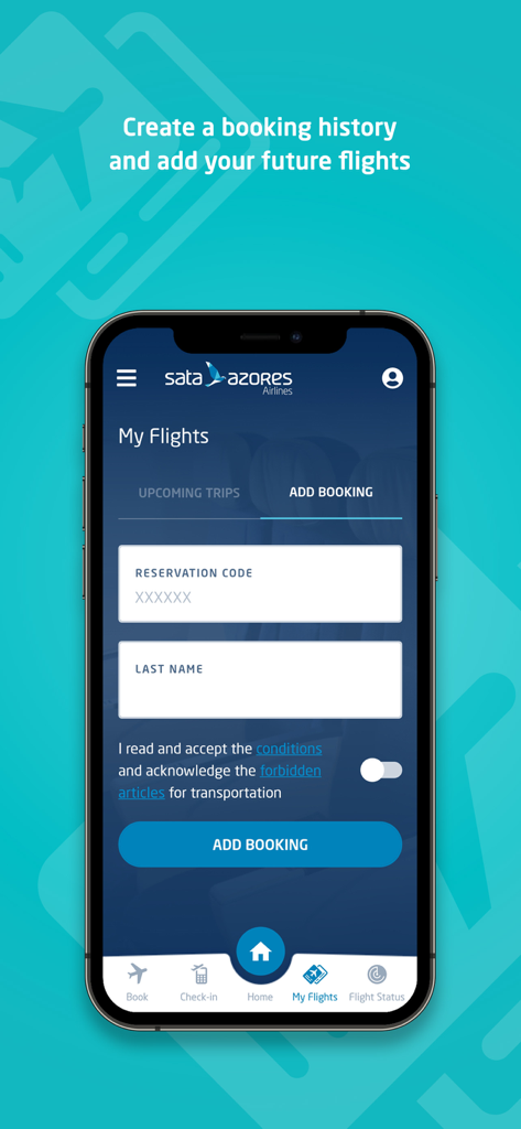 SATA Azores Airlines - Interfaccia dell'app mobile SATA Azores Airlines che mostra la sezione I miei voli con campi per aggiungere una nuova prenotazione tramite codice di prenotazione e cognome.