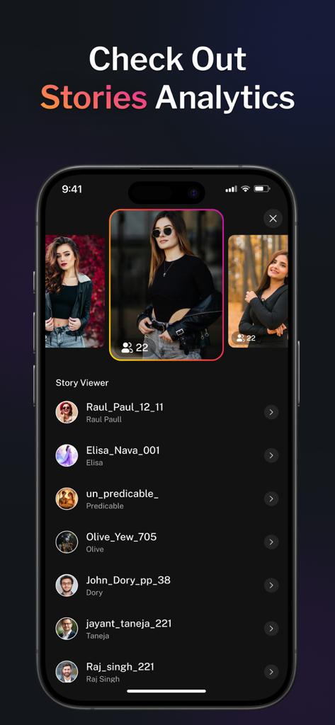Unfollow Tracker for Instagram - Pantalla de smartphone que muestra análisis de historias de Instagram y una lista de espectadores de historias