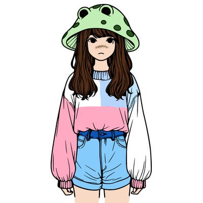 a realistic girl with a frog hat and baggy mushroom shirt