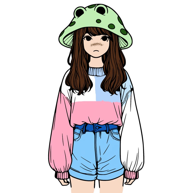 a realistic girl with a frog hat and baggy mushroom shirt