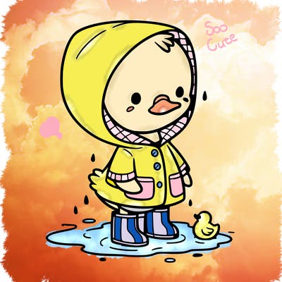 baby duck in a rain coat and boots, in a puddle while it’s raining