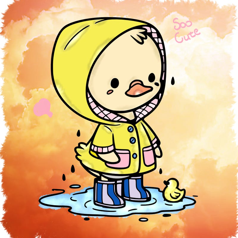 baby duck in a rain coat and boots, in a puddle while it’s raining