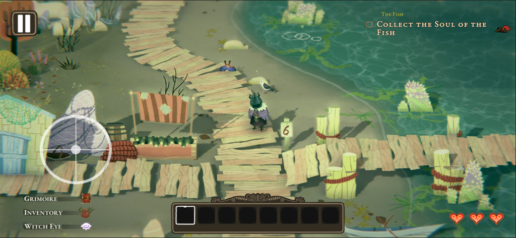 Wytchwood - A screenshot of Wytchwood gameplay showing the witch character on a wooden pier in a coastal environment