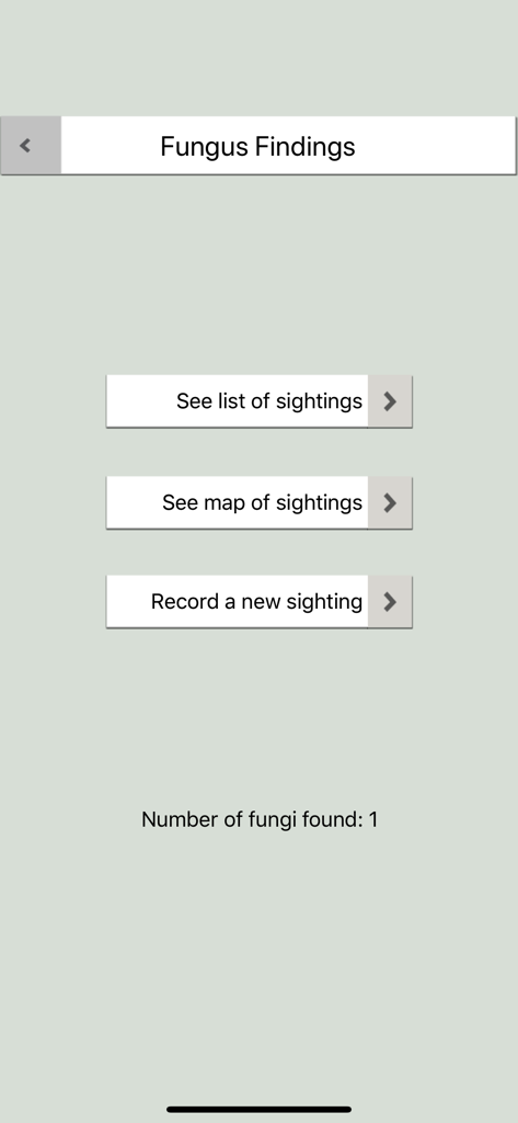 Mushrooms & other Fungi UK - A navigation menu for the Mushrooms and other Fungi UK app showing options to view a list of sightings a map of sightings and record a new sighting