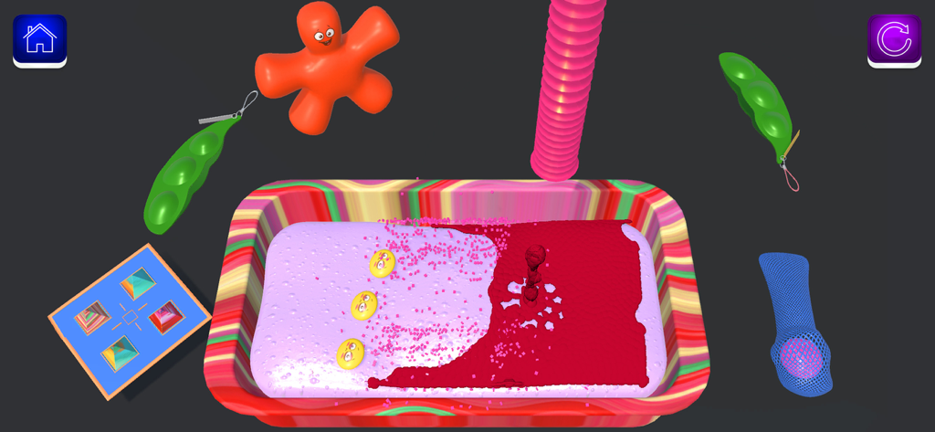 Fidget Slime Kit! Sensory Play - Fidget slime kit app screen showing a tray of colorful slime with various sensory toys