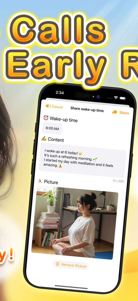 SALT app interface for sharing a morning wake-up time and meditation photo