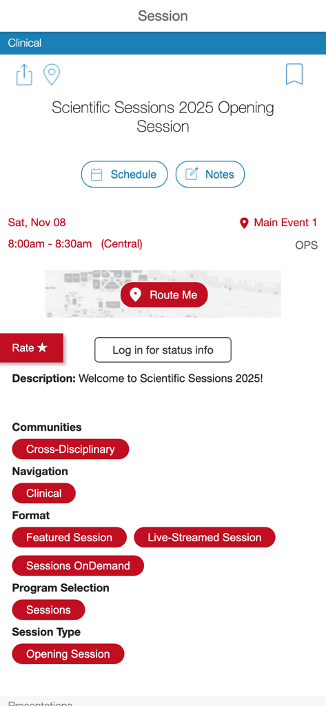 AHA Conferences - Interfaz de la aplicación móvil que muestra los detalles de una sesión de conferencia médica con opciones de horario y notas