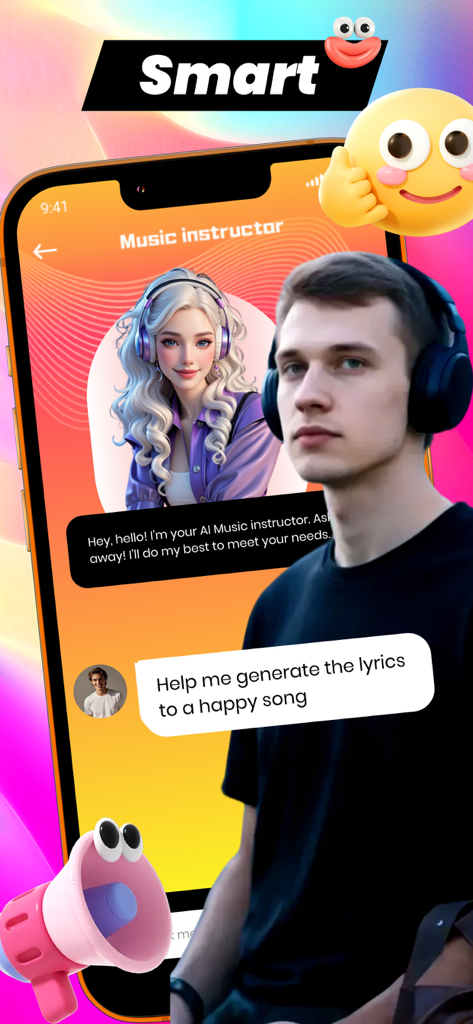 Video Chat，Online Share - Rliy - L'application Rliy montrant un chat avec un instructeur de musique IA pour aider à générer des paroles de chanson