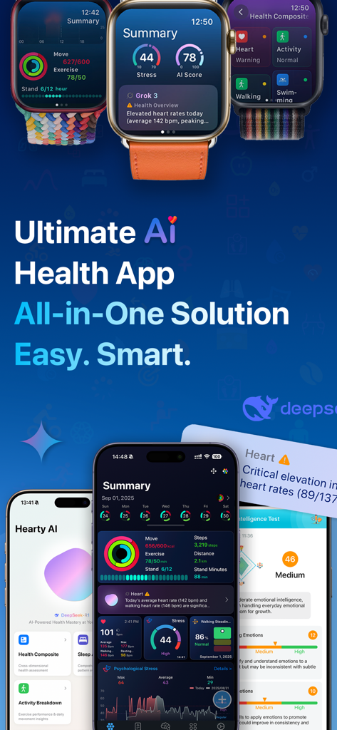 HeartyPro: Heart Rate & Stress - Promotional display of HeartyPro app on Apple Watch and iPhone showcasing heart rate, stress tracking, and AI-powered health insights
