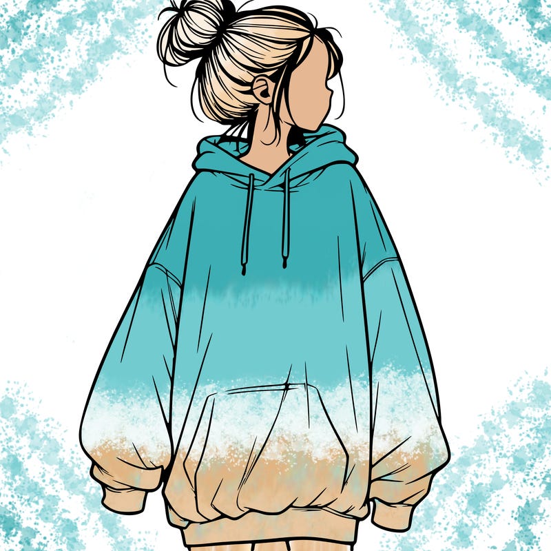 realistic girl with a oversized sweatshirt on and a bun