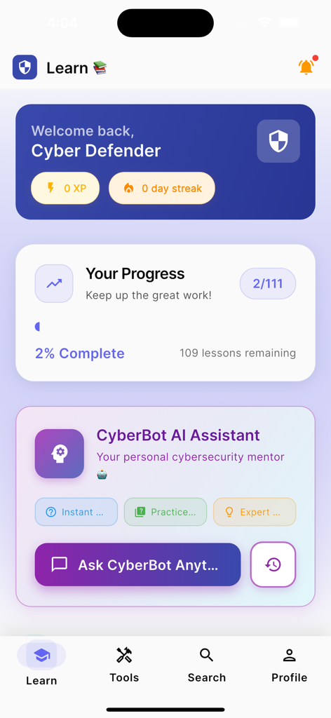 CyberLearn Pro Startbildschirm mit Anzeige des Lernfortschritts und des KI-Assistenten-Mentors CyberBot.