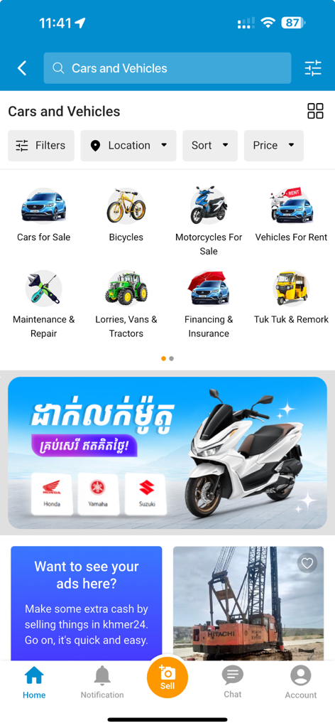 Khmer24 mobile app interface displaying the cars and vehicles category with icons for motorcycles bicycles and rentals