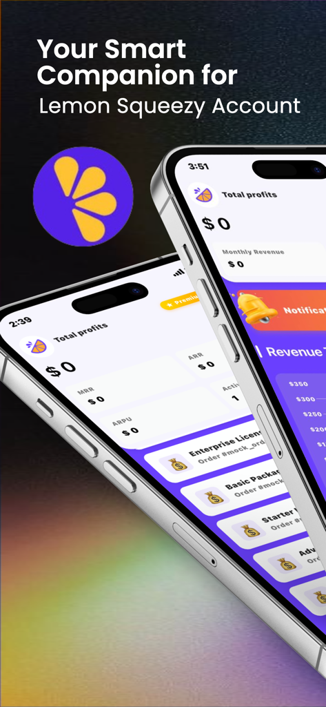 Tableau de bord de l'application Lemon Squeezy Manager affiché sur deux écrans d'iPhone montrant les métriques de revenus et les statistiques de profit
