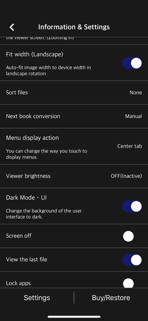 Pantalla de información y configuración de la aplicación Manga Viewer mostrando opciones de personalización para la lectura