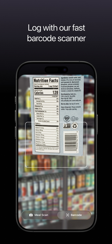 Microgram: Nutrient Tracker - A smartphone using the Microgram app to scan a barcode and nutrition facts label on a food package.