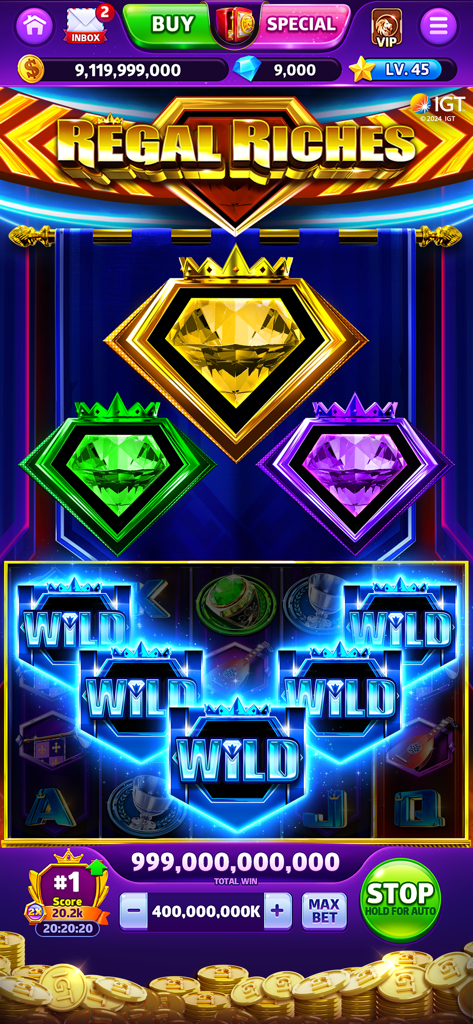 Cash Rally - Slots Casino Game - Cash Rally Slots gameplay featuring the Regal Riches IGT slot machine with multiple wild symbols and a huge win