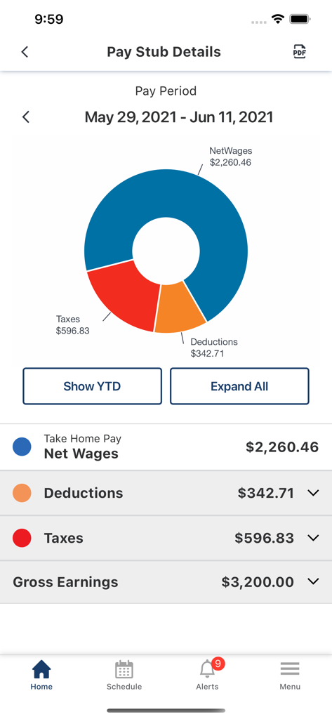 Paycor Mobile app screen showing pay stub details with a donut chart breakdown of net wages taxes and deductions