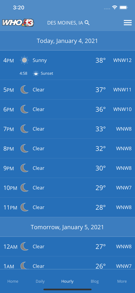13WarnMe app hourly weather forecast screen for Des Moines Iowa showing temperatures and clear sky conditions.