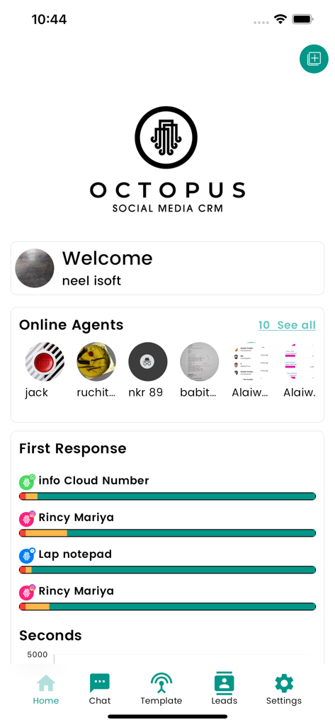 AI-Octopus - AI-Octopus mobile app home screen showing the dashboard with online agents and response time metrics