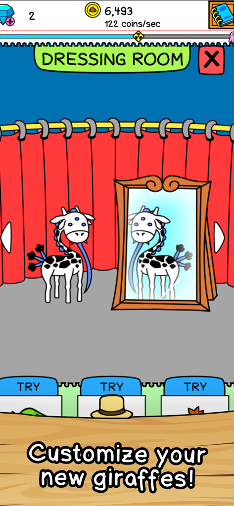 Giraffe Evolution - Eine skurrile Giraffe blickt in einem Spiegel auf dem Bildschirm des Ankleidezimmers der Giraffe Evolution App, wo Benutzer ihre Kreaturen mit Hüten anpassen können.