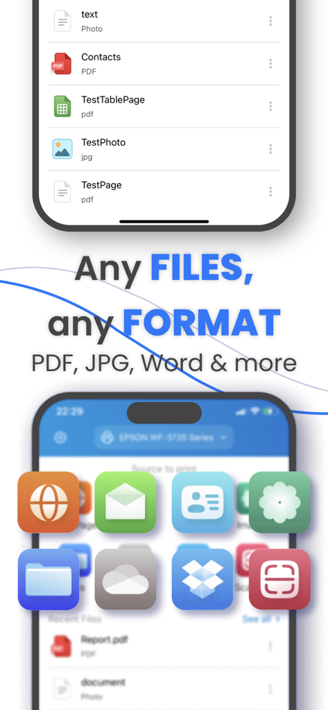 Tap & Print: Smart Air Printer - Tap and Print app screen showing support for multiple file formats including PDF, JPG and Word