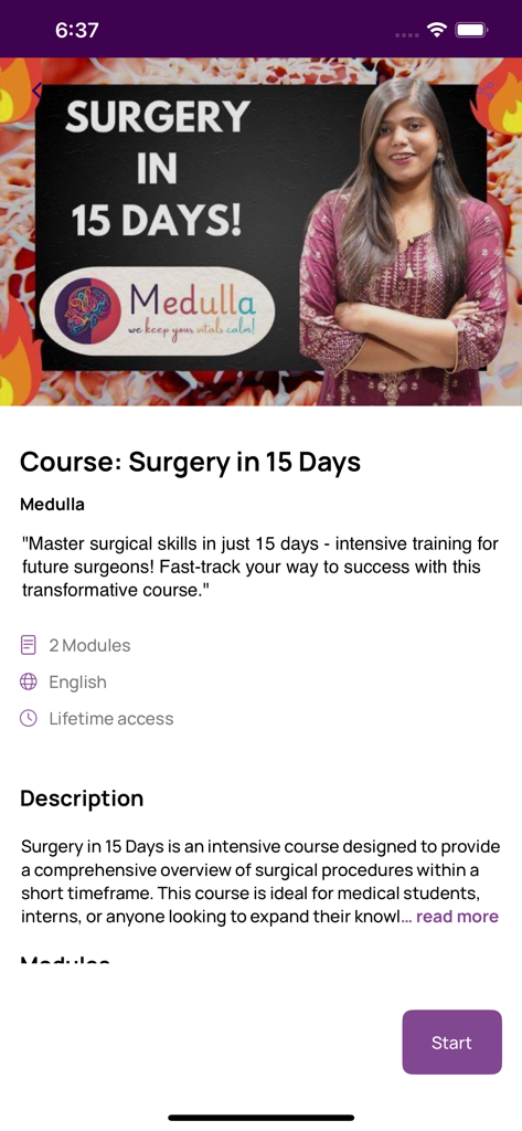 Medulla Online - Écran de l'application Medulla Online montrant les détails du cours de Chirurgie en 15 jours avec une bannière d'instructrice.