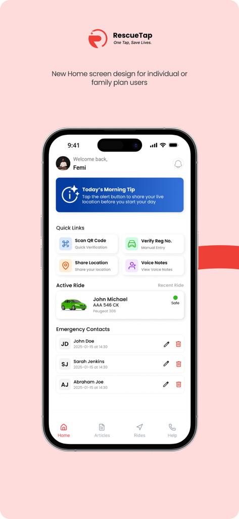 Rescuetap - RescueTap app home screen showing safety features, active ride status, and emergency contacts