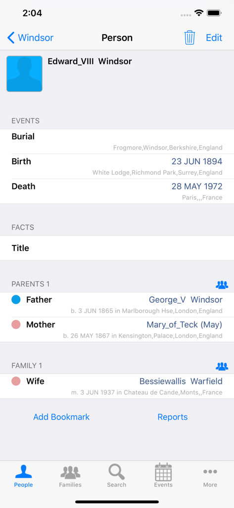 GedView - GedViewアプリの詳細な人物プロフィール画面。生没年や家族関係の情報が表示されます。