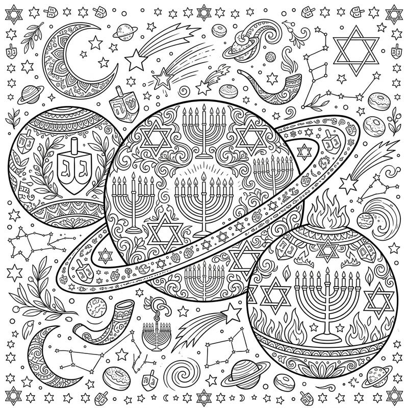 Journey through the stars with this unique Hanukkah coloring page, blending celestial wonders with festive holiday symbols. Discover planets adorned with menorahs and dreidels, inviting you to add vibrant colors to this cosmic celebration of light.