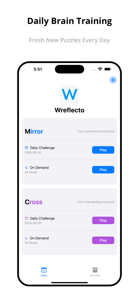 Offline Game: Wreflecto Word - Pantalla de inicio de la aplicación Wreflecto Word que muestra los modos de juego Espejo y Cruz con desafíos diarios