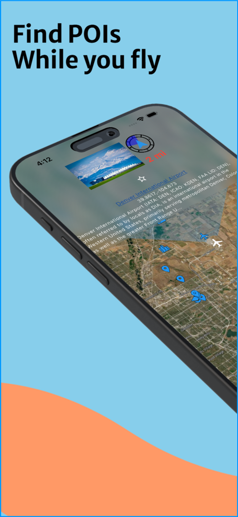 Window View - Interfaz de la aplicación Vista de Ventana que muestra el punto de interés del Aeropuerto Internacional de Denver en un mapa