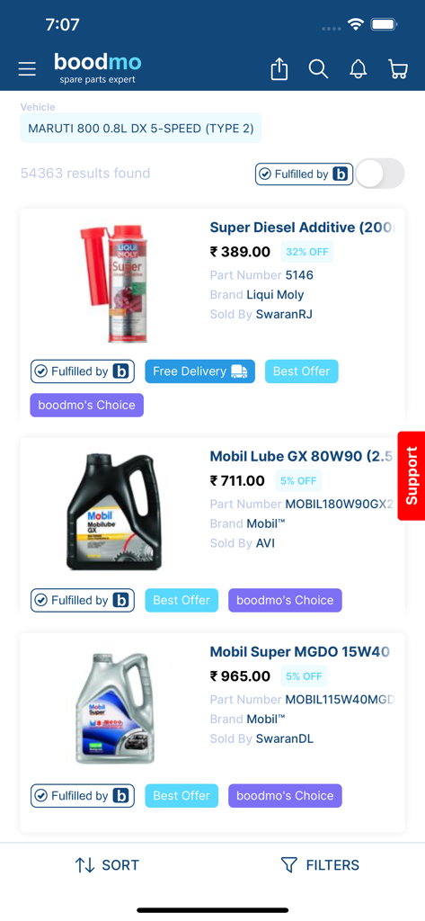 Boodmo - Boodmo app interface showing search results for car parts like engine oil and additives for a Maruti 800 vehicle with prices and brand information