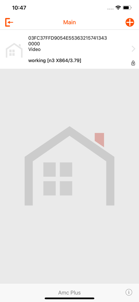 AMC Plus - The main dashboard of the AMC Plus security app displaying a connected device status and home icon.