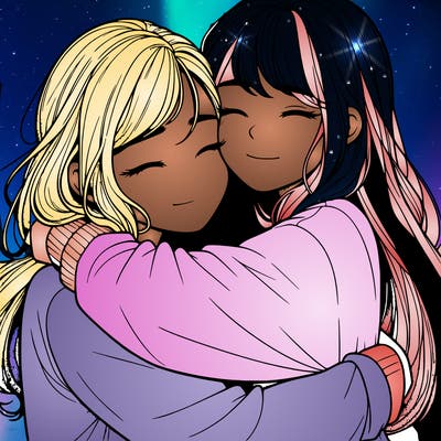 realistic two girls hugging