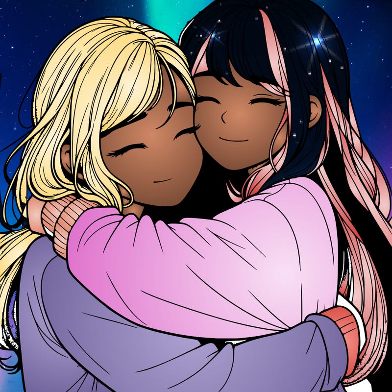 realistic two girls hugging