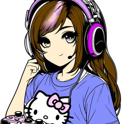 realistic gamergirl with headphones and hellokitty logo on her shirt