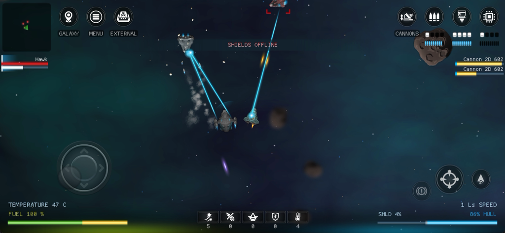 Vista desde arriba de una escena de combate espacial en Galaxy Genome mostrando naves disparando láseres.