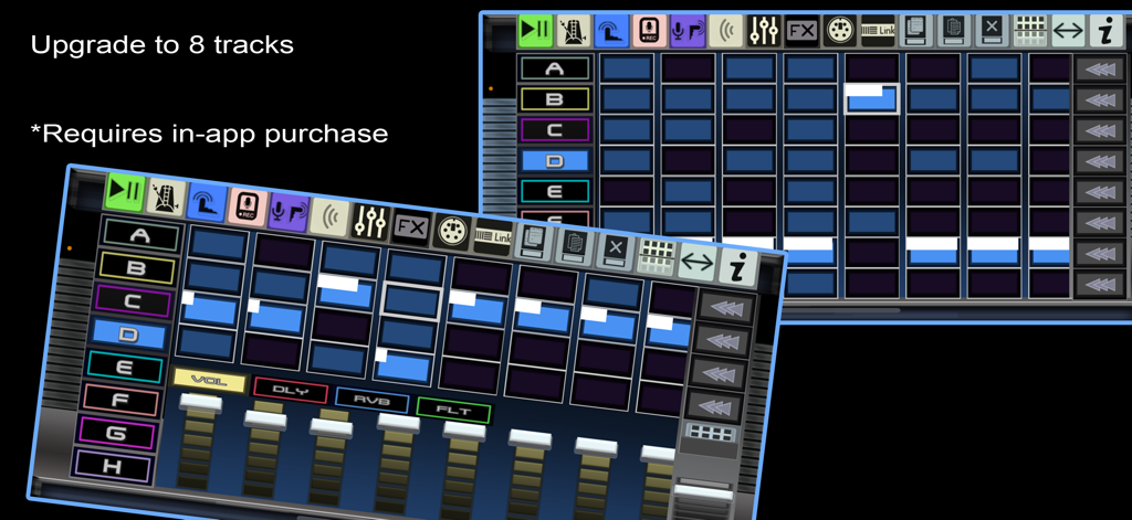 Oberfläche der LooP'Dup Audio-Performer-App, die 8 Spuren von Clips und einen Lautstärkemixer zeigt