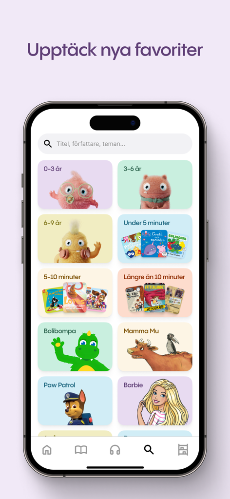 Lylli: Tusentals barnböcker - Lylli app interface showing children book categories by age and characters like Paw Patrol.