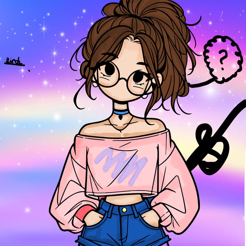 girl with a messy ponytail glasses a baggy crop top and jean shorts