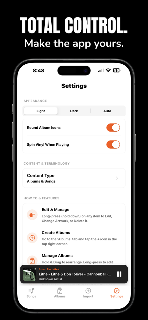 오프라인 음악 플레이어 앱의 설정 메뉴에 모양 및 콘텐츠 사용자 지정 옵션이 표시됩니다.