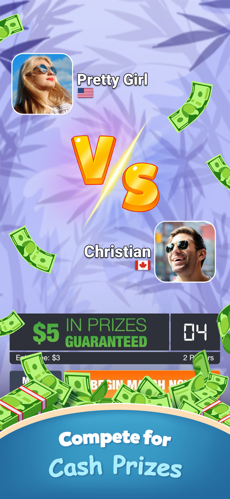 Fruit Fighter: skillz prizes - Fruit Fighter game screen showing a head-to-head match interface between two players for a five dollar guaranteed cash prize