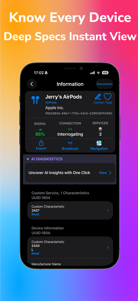 Bluetooth Explorer:AI Terminal - A detailed technical view of a BLE device in the Bluetooth Explorer app showing signal strength connection status and AI diagnostic options