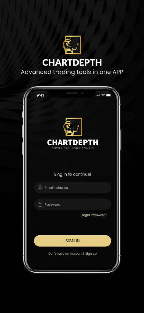 Tela de login do aplicativo móvel ChartDepth com campos de e-mail e senha em um design profissional escuro e dourado