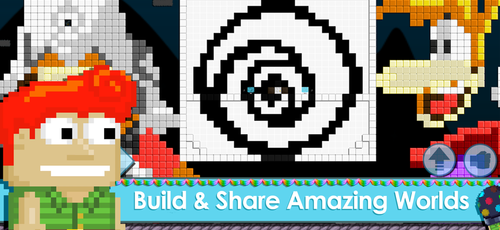 Captura de pantalla del juego sandbox Growtopia que presenta un personaje de pixel art y un tema de construcción