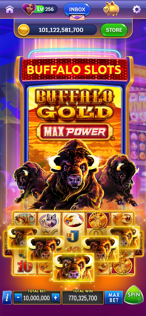 Heart of Vegas app featuring the Buffalo Gold Max Power slot machine with big win notification